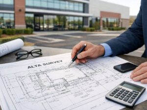 A professional in business attire reviews an ALTA survey document on a table, pointing with a pen at boundary lines and measurements. Nearby are a calculator, smartphone, eyeglasses, and a rolled-up blueprint, with a modern commercial building visible in the background.