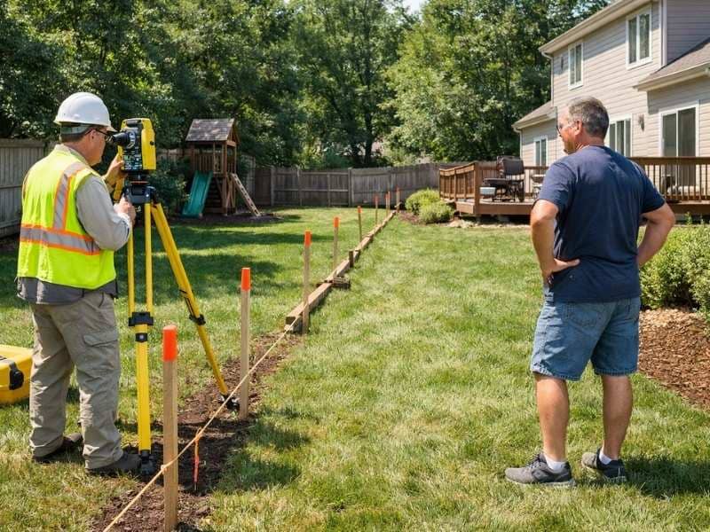 Licensed land surveyor performing a boundary survey in a residential backyard while a homeowner observes property line markers and measurement equipment.