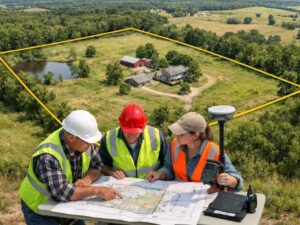 Land survey company team reviewing property boundaries and survey mapping data for a rural land survey project
