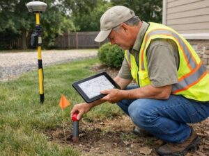Land surveyor locating property lines near a survey marker on a residential property
