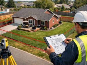 Residential land survey showing property boundaries and lot lines around a home