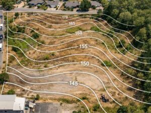 Aerial view showing contour lines and elevation changes used in a topographic survey for site planning and drainage design