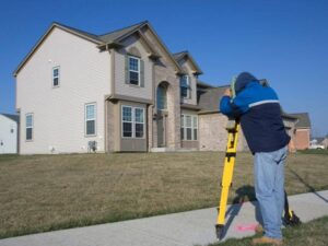 A person in a blue jacket using a yellow tripod-mounted surveying instrument on a suburban front lawn in front of a two-story house.