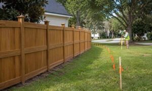 Boundary survey showing a fence location issue as a land surveyor checks the property line in Tuscaloosa Alabama
