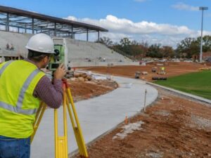 Land surveyor using a total station beside solar panels on a large commercial rooftop.