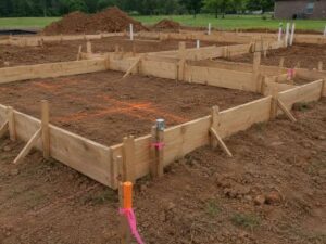 Construction Survey layout stakes beside concrete forms before pouring in Tuscaloosa Alabama