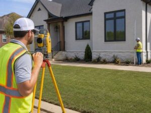 Surveyor measuring a finished building for an Elevation Certificate in Tuscaloosa Alabama